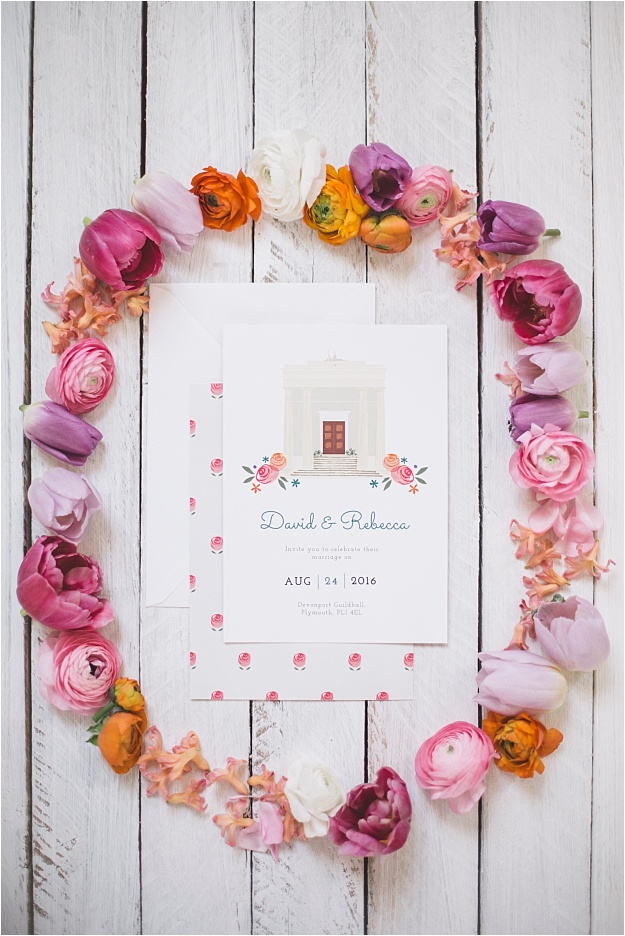 Modern spring time wedding inspiration, inspired by Dearly Beloved's stationery designs. Vibrant wild flowers & a stunning cake at Devonport Guildhall.