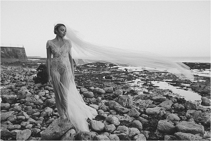 Nautical bridal shoot by the sea, inspired by the 'The Siren' - mythical creatures of the sea who lured sailors to shipwreck. Photos by Rebecca Douglas
