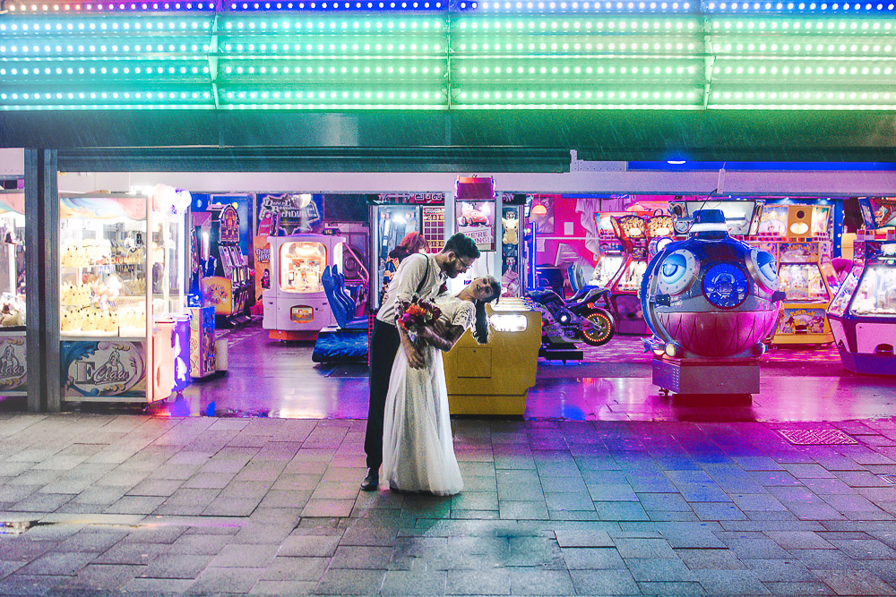 alternative wedding inspiration, amusements park wedding, bridal sepeartes, city wedding, Colourful wedding, colourful wedding bouquets, cruella hair, elopement, elopement shoot, Khandie Photography, lace bridal dresses, Lucy Cant Dance, Modern Wedding, neon sign, nighttime wedding, seafront wedding, tattooed bride, tattooed groom, The Flower Arranger, unique wedidng dresses, vegas baby, vegas style wedding, vegas wedding, vibrant wedding, wedding dress