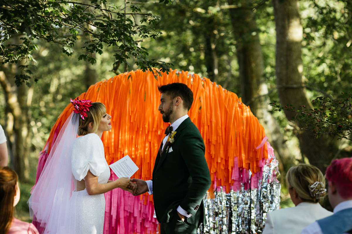 Acid-bright barn wedding in the woods, Sussex